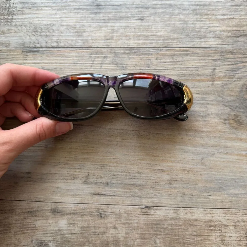 Vintage 80s Sunglasses Black Brown Tortoise Gold Red Accent Retro Glam